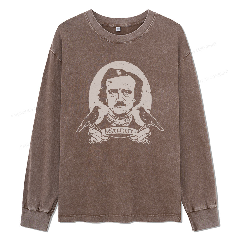 Pagewings Never More Edgar Allan Poe And The Raven Unisex Washed Long Sleeve T-shirt