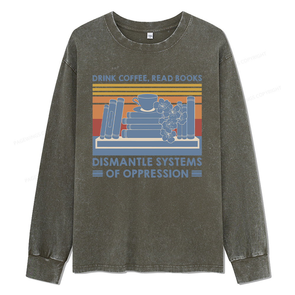 Pagewings Drink Coffee Read Books Unisex Washed Long Sleeve T-shirt