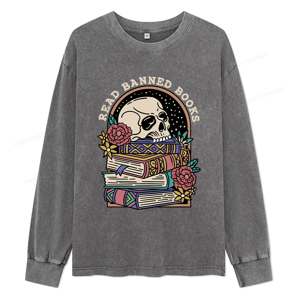 Pagewings Read Banned Book Floral Unisex Washed Long Sleeve T-shirt