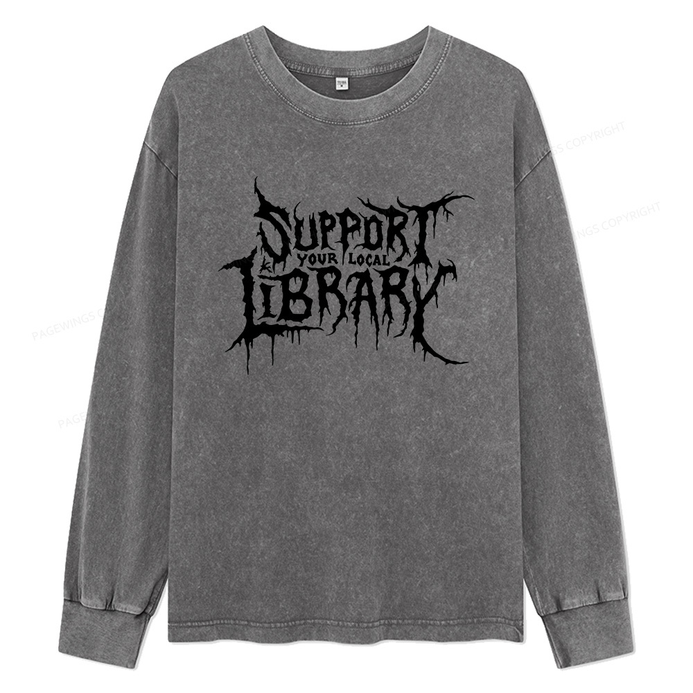 Pagewings Support Your Local Library Unisex Washed Long Sleeve T-shirt