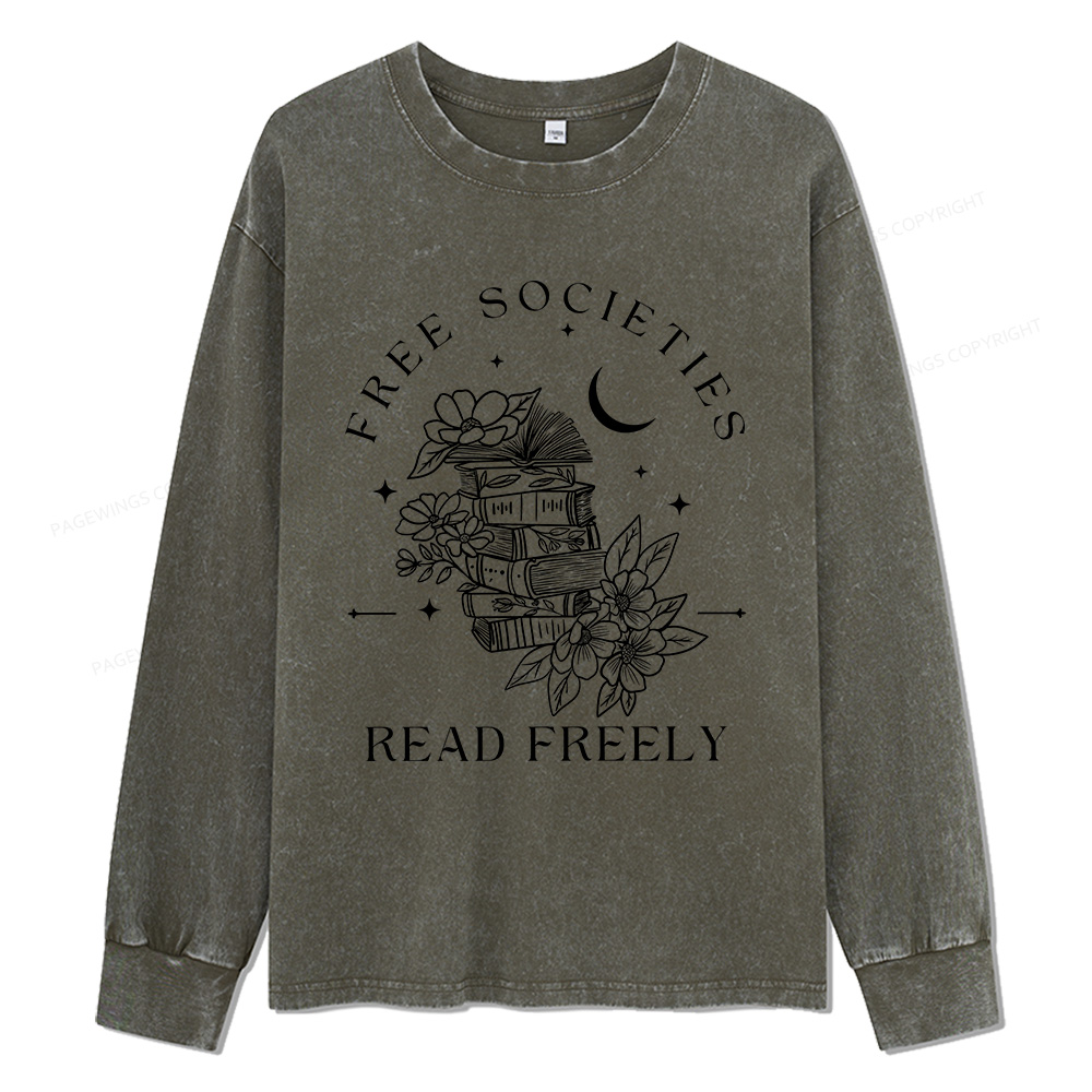Pagewings Free Societies Read Freely Unisex Washed Long Sleeve T-shirt