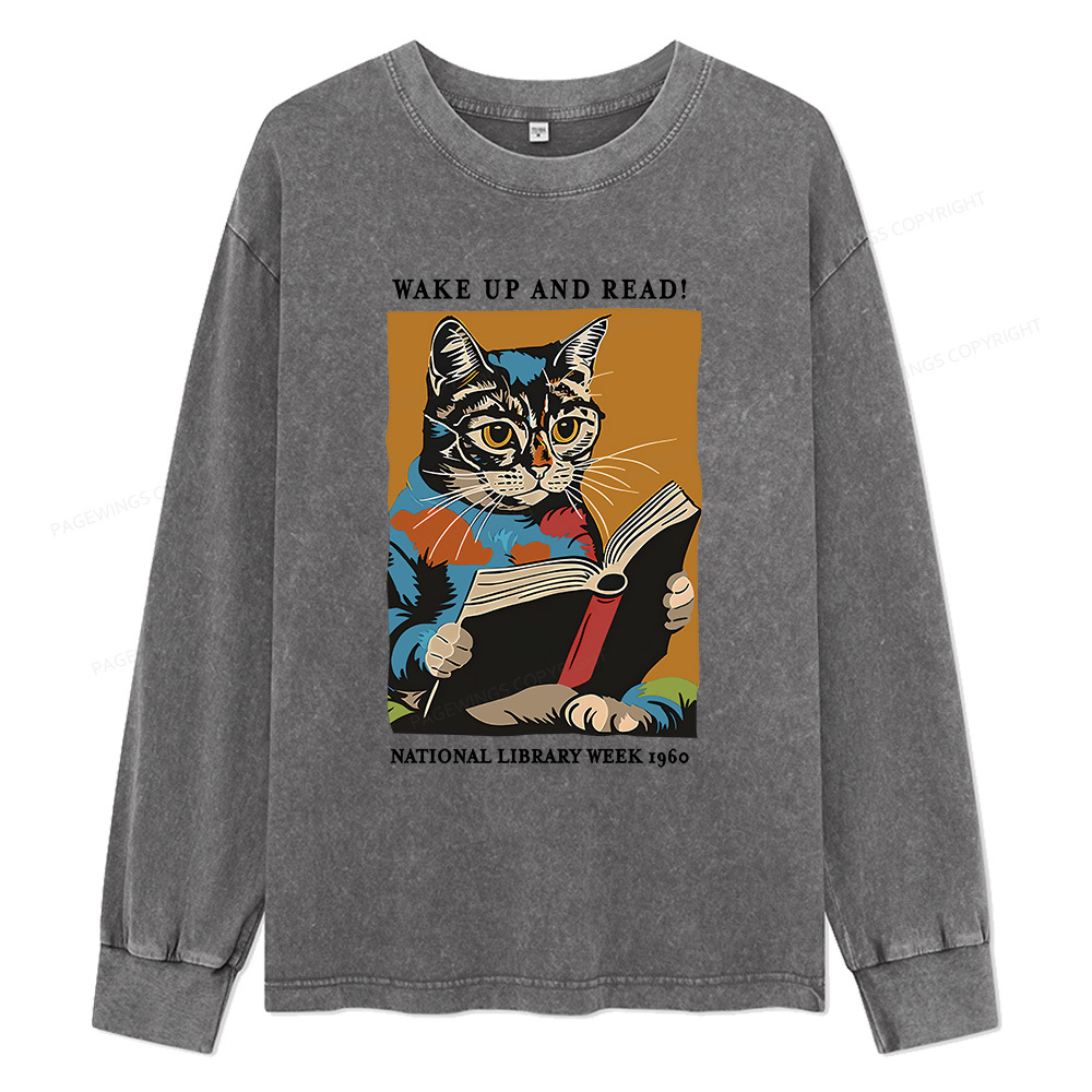 Pagewings Cat Reading Poster Unisex Washed Long Sleeve T-shirt