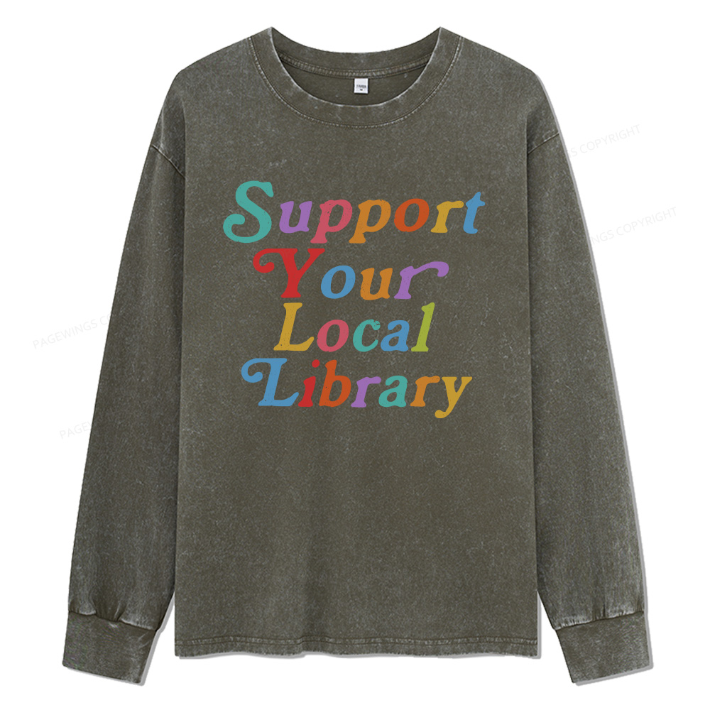 Pagewings Support Your Local Library Unisex Washed Long Sleeve T-shirt