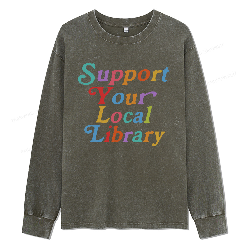 Pagewings Support Your Local Library Unisex Washed Long Sleeve T-shirt