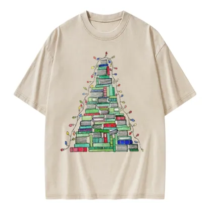 Pagewings Christmas Book Tree Unisex Washed T-shirt