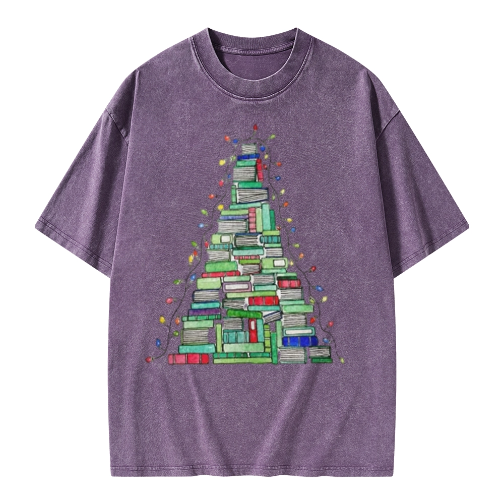 Pagewings Christmas Book Tree Unisex Washed T-shirt