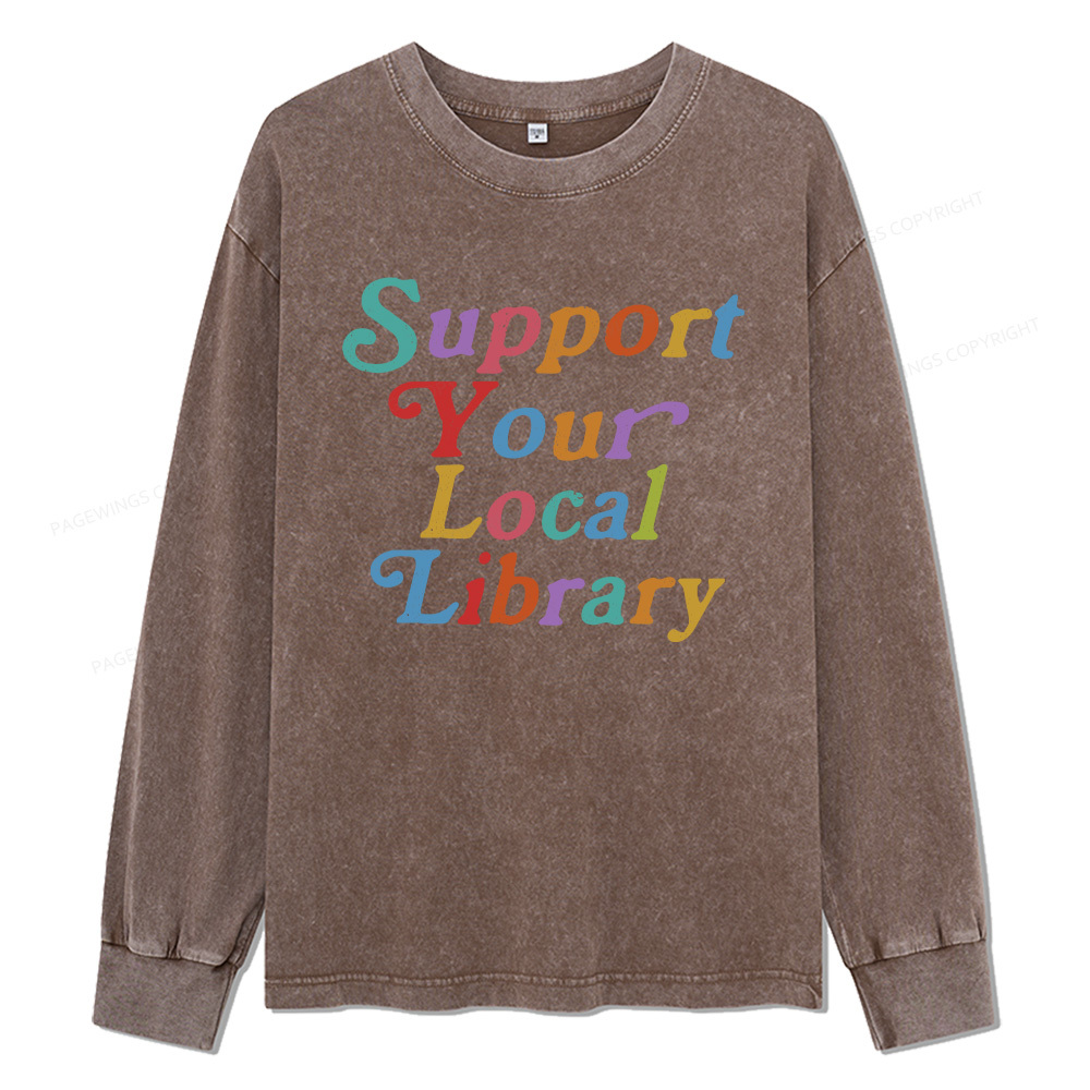 Pagewings Support Your Local Library Unisex Washed Long Sleeve T-shirt