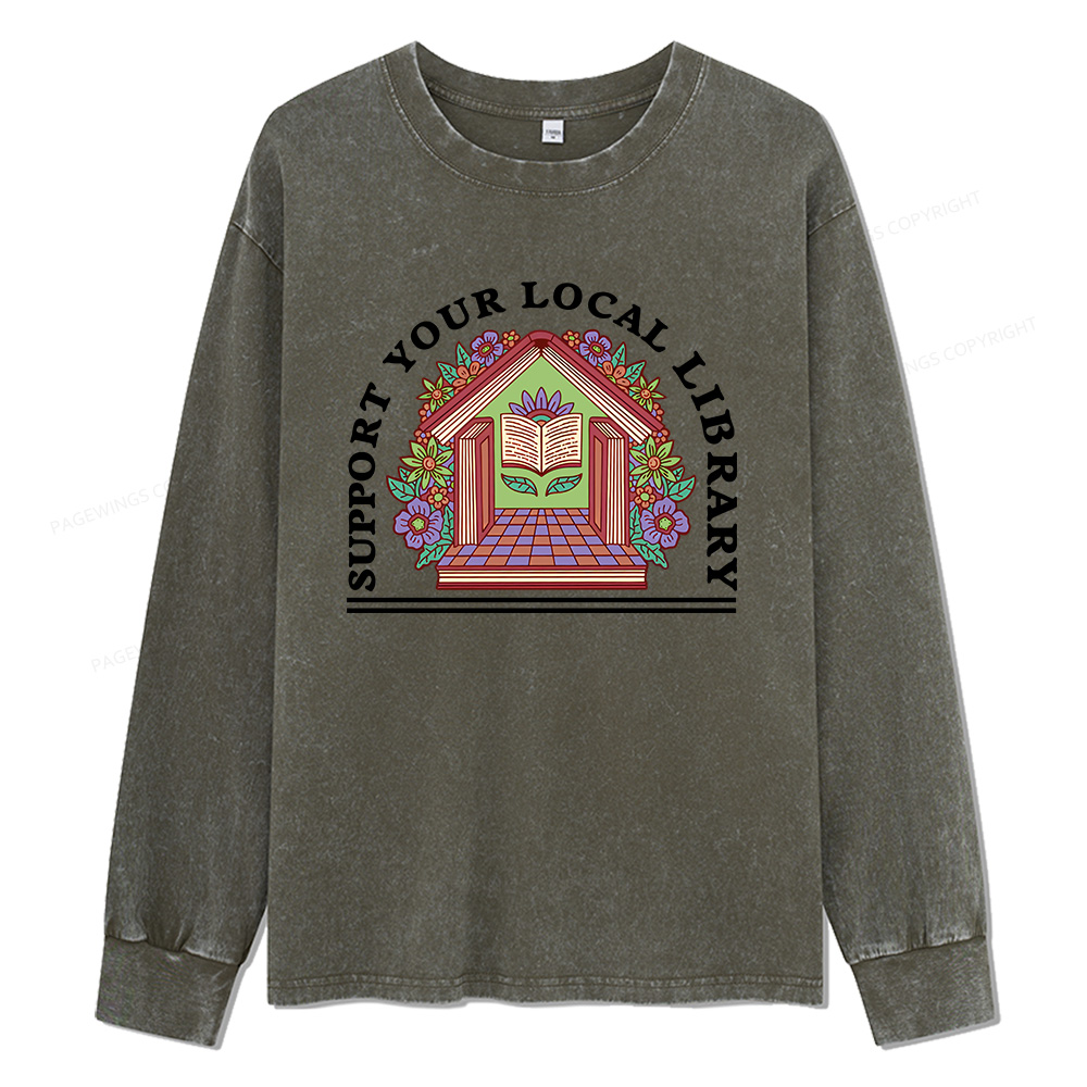 Pagewings Support Your Local Library Unisex Washed Long Sleeve T-shirt
