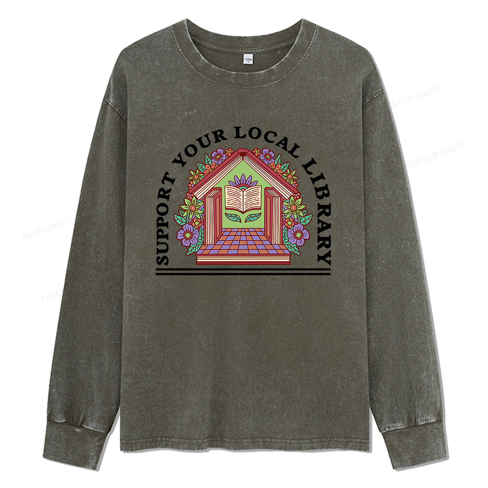 Pagewings Support Your Local Library Unisex Washed Long Sleeve T-shirt