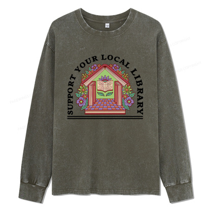 Pagewings Support Your Local Library Unisex Washed Long Sleeve T-shirt
