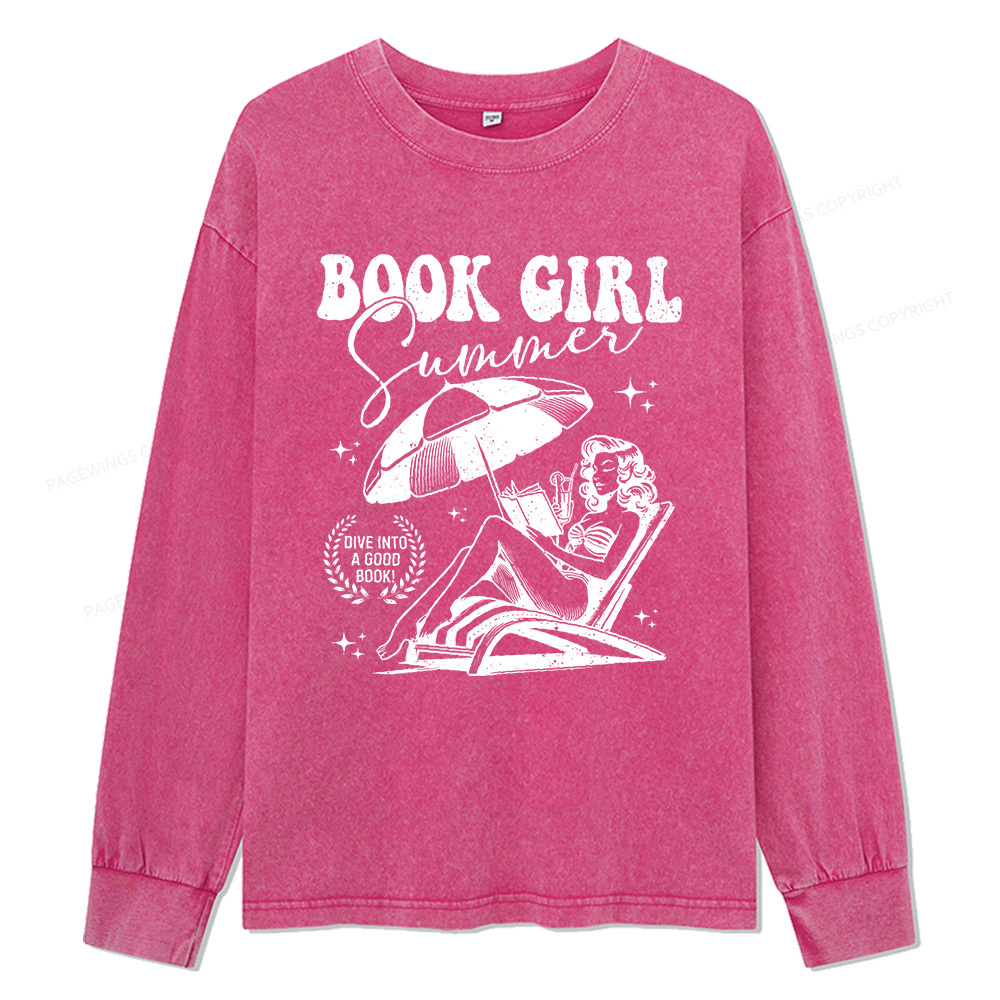 Pagewings Book Girl Summer Unisex Washed Long Sleeve T-shirt