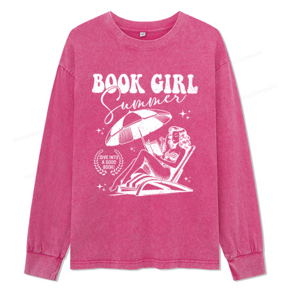 Pagewings Book Girl Summer Unisex Washed Long Sleeve T-shirt