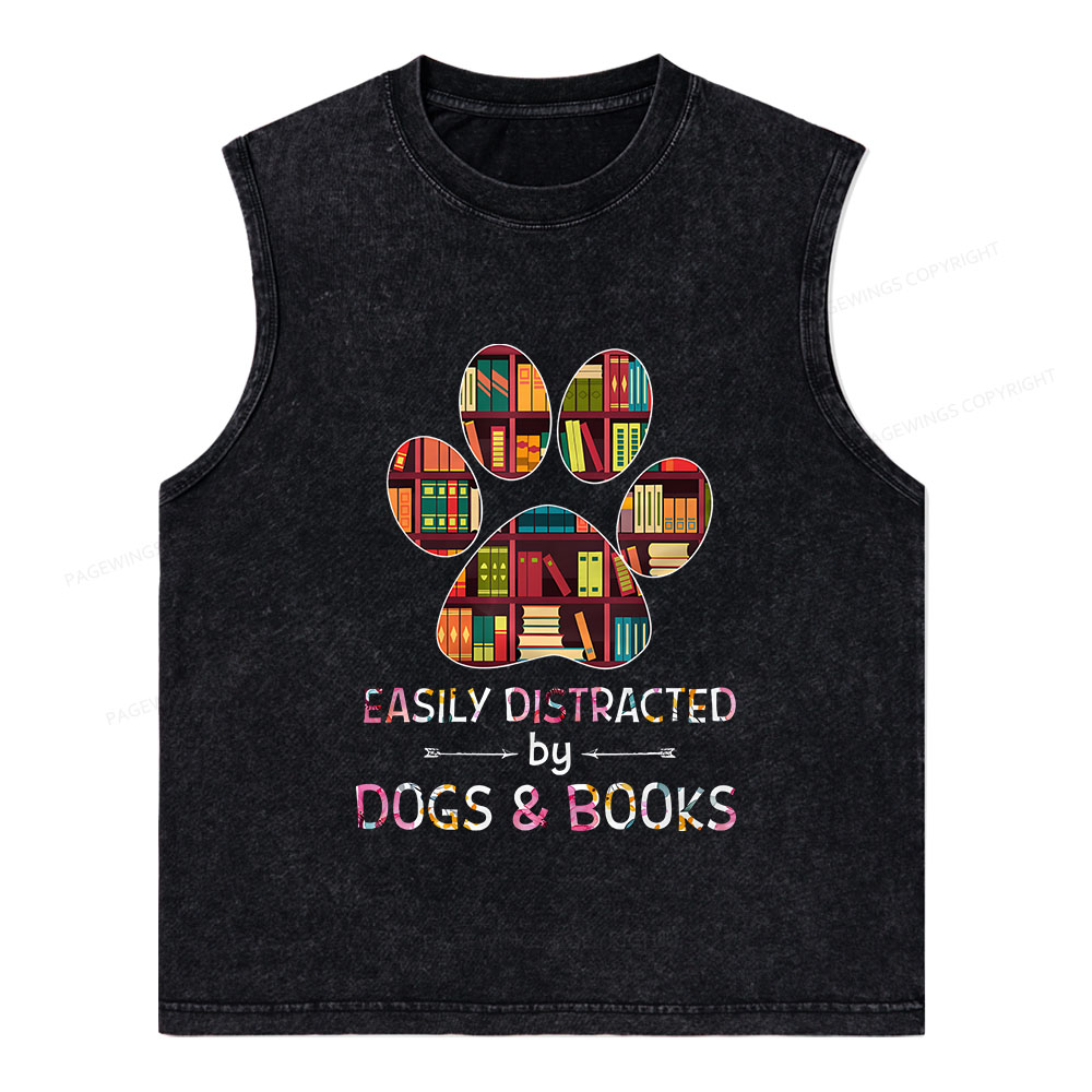 Pagewings Easily Distracted By Dogs And Books Unisex Washed Tank Top
