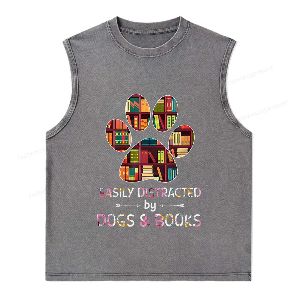 Pagewings Easily Distracted By Dogs And Books Unisex Washed Tank Top