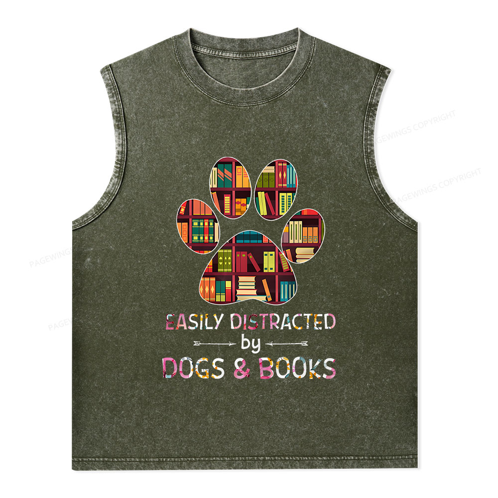 Pagewings Easily Distracted By Dogs And Books Unisex Washed Tank Top