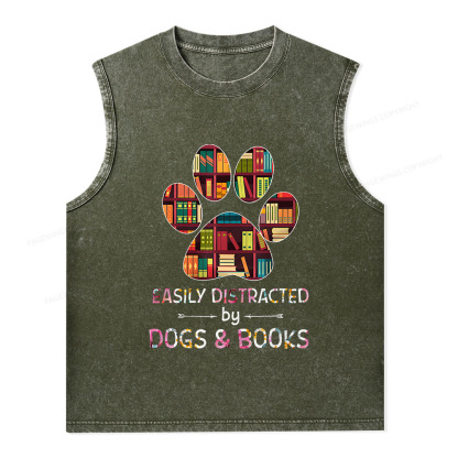 Pagewings Easily Distracted By Dogs And Books Unisex Washed Tank Top