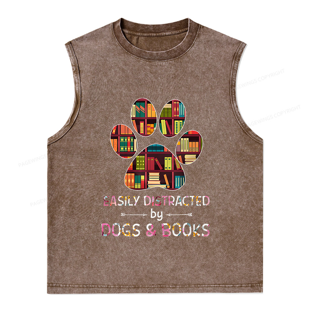 Pagewings Easily Distracted By Dogs And Books Unisex Washed Tank Top