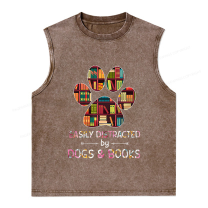 Pagewings Easily Distracted By Dogs And Books Unisex Washed Tank Top
