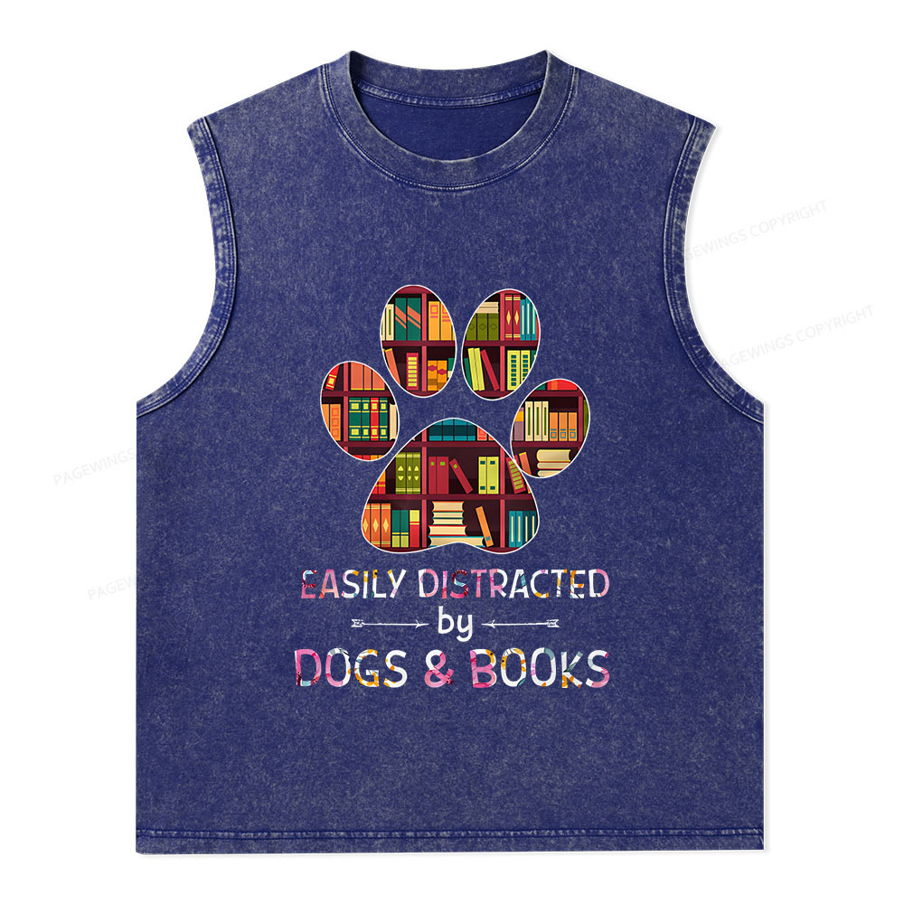 Pagewings Easily Distracted By Dogs And Books Unisex Washed Tank Top