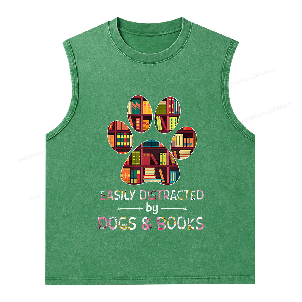 Pagewings Easily Distracted By Dogs And Books Unisex Washed Tank Top