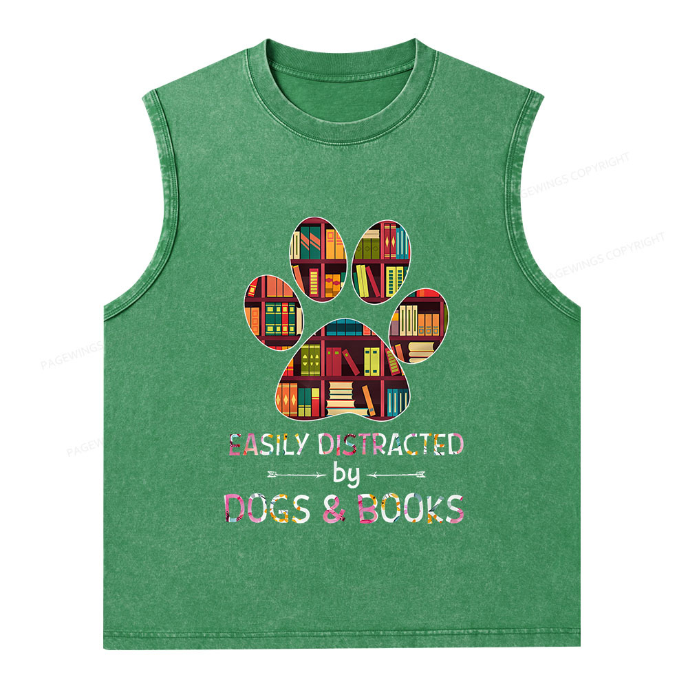 Pagewings Easily Distracted By Dogs And Books Unisex Washed Tank Top