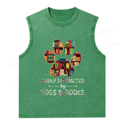 Pagewings Easily Distracted By Dogs And Books Unisex Washed Tank Top