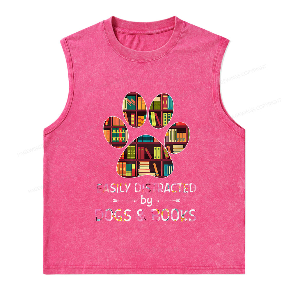Pagewings Easily Distracted By Dogs And Books Unisex Washed Tank Top