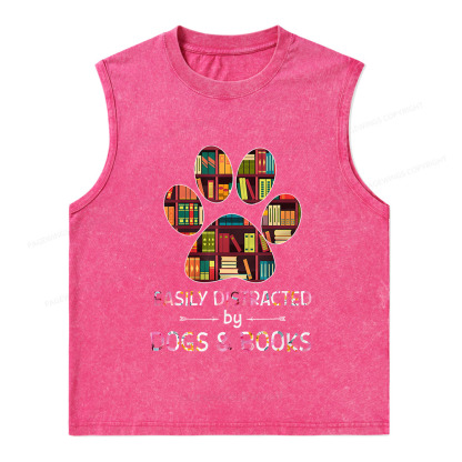 Pagewings Easily Distracted By Dogs And Books Unisex Washed Tank Top
