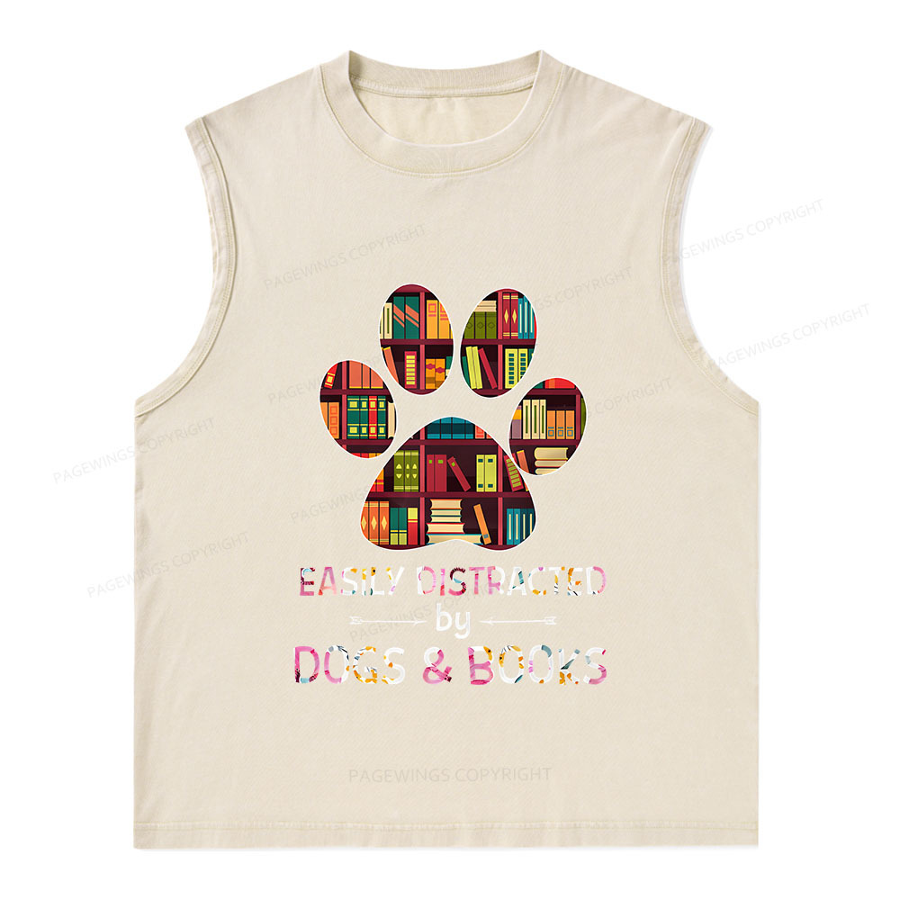 Pagewings Easily Distracted By Dogs And Books Unisex Washed Tank Top