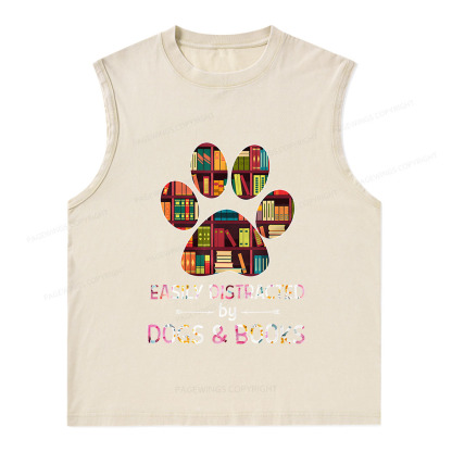 Pagewings Easily Distracted By Dogs And Books Unisex Washed Tank Top
