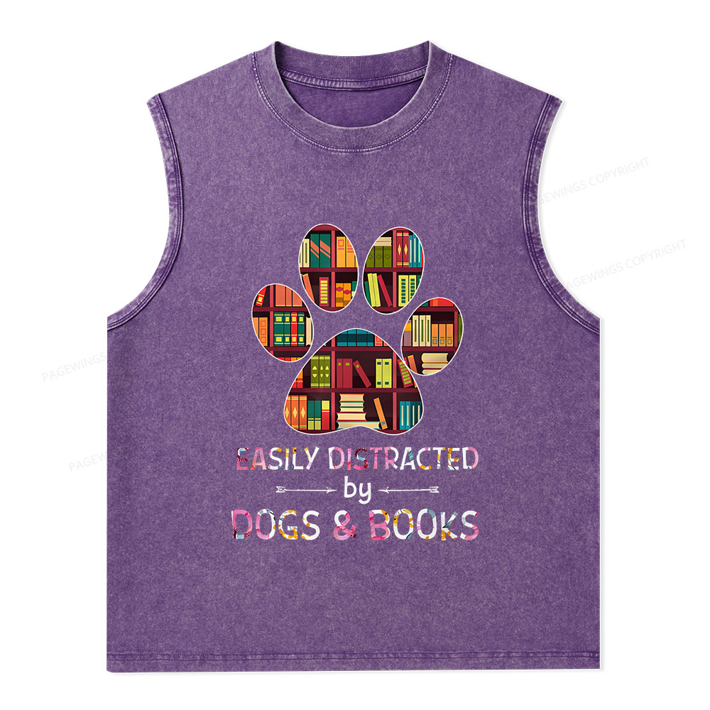 Pagewings Easily Distracted By Dogs And Books Unisex Washed Tank Top