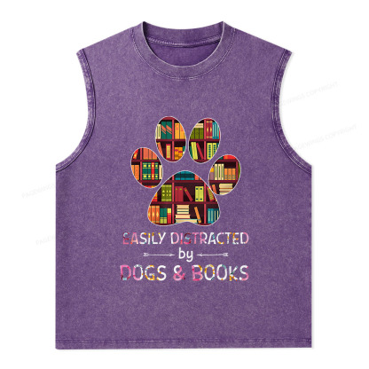 Pagewings Easily Distracted By Dogs And Books Unisex Washed Tank Top