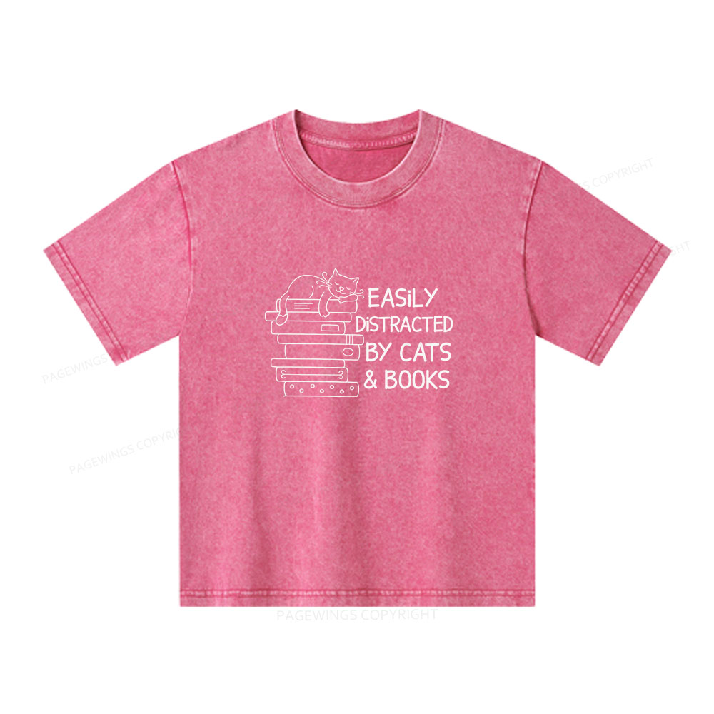 Pagewings Easily Distracted By Cats And Books  Unisex Kids Washed T-shirt