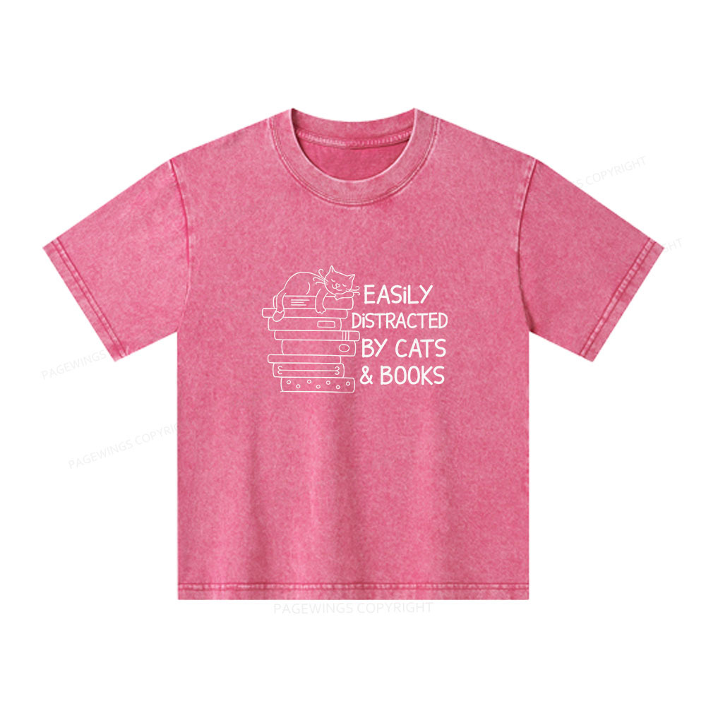 Pagewings Easily Distracted By Cats And Books  Unisex Kids Washed T-shirt