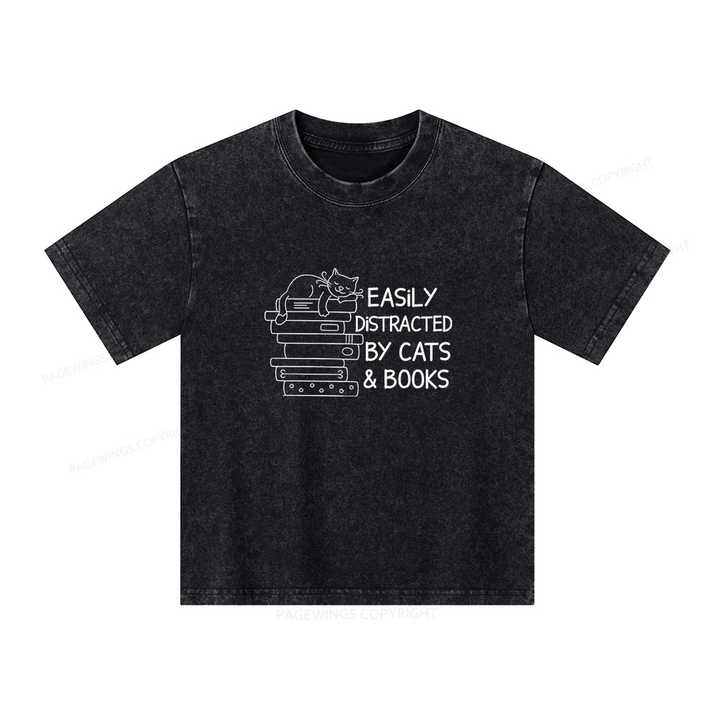Pagewings Easily Distracted By Cats And Books  Unisex Kids Washed T-shirt