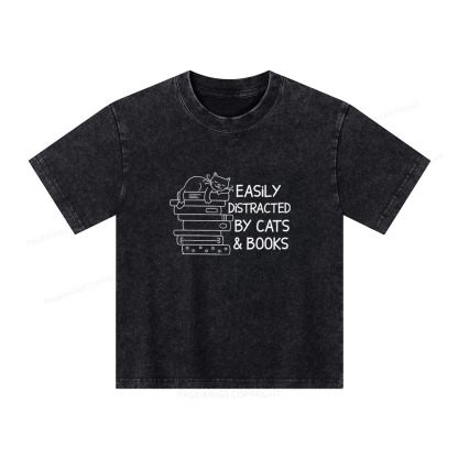 Pagewings Easily Distracted By Cats And Books  Unisex Kids Washed T-shirt