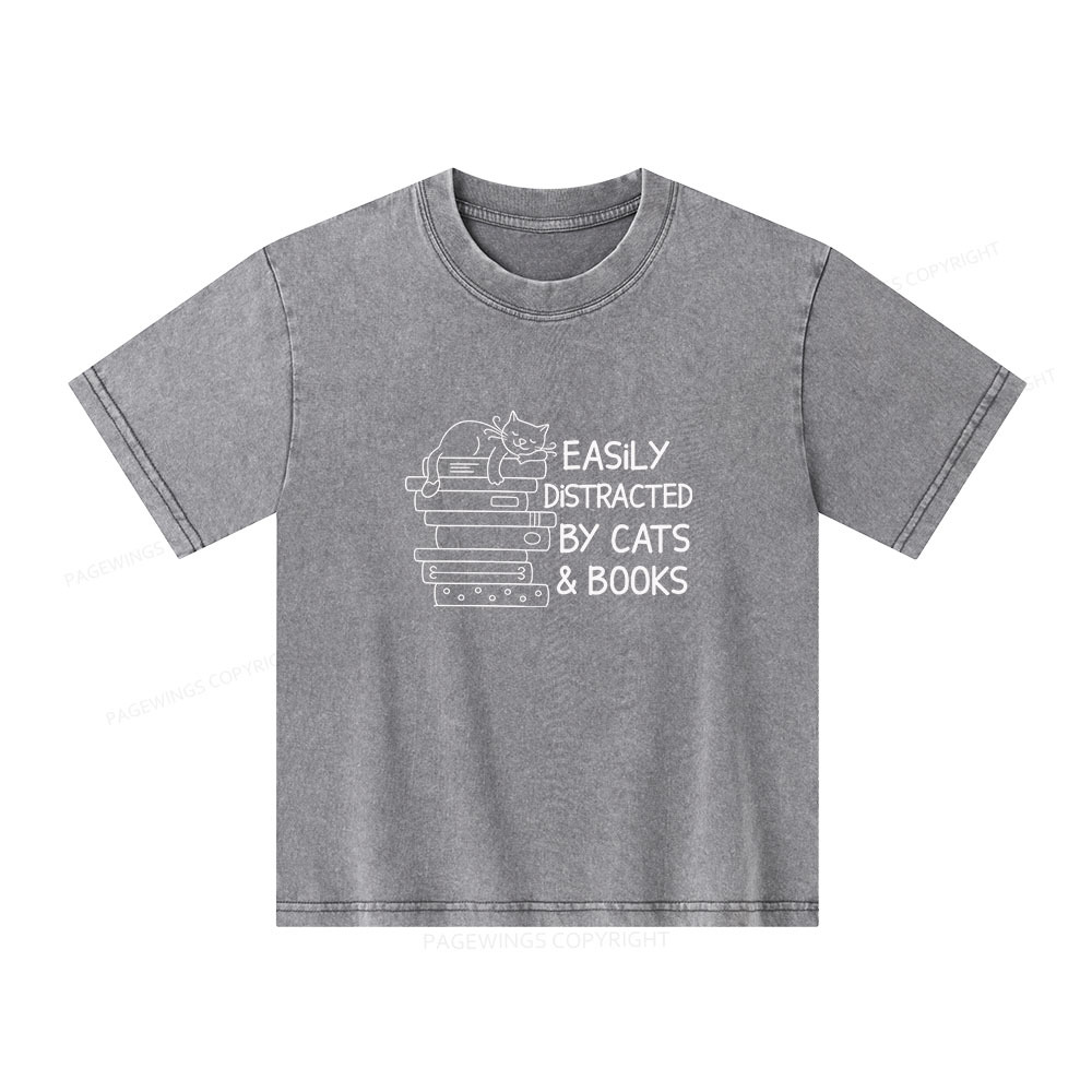 Pagewings Easily Distracted By Cats And Books  Unisex Kids Washed T-shirt