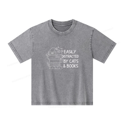 Pagewings Easily Distracted By Cats And Books  Unisex Kids Washed T-shirt