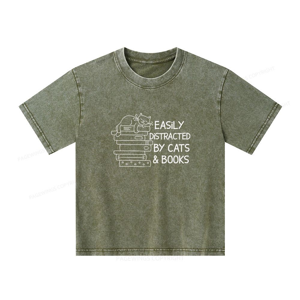 Pagewings Easily Distracted By Cats And Books  Unisex Kids Washed T-shirt