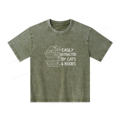 Pagewings Easily Distracted By Cats And Books  Unisex Kids Washed T-shirt