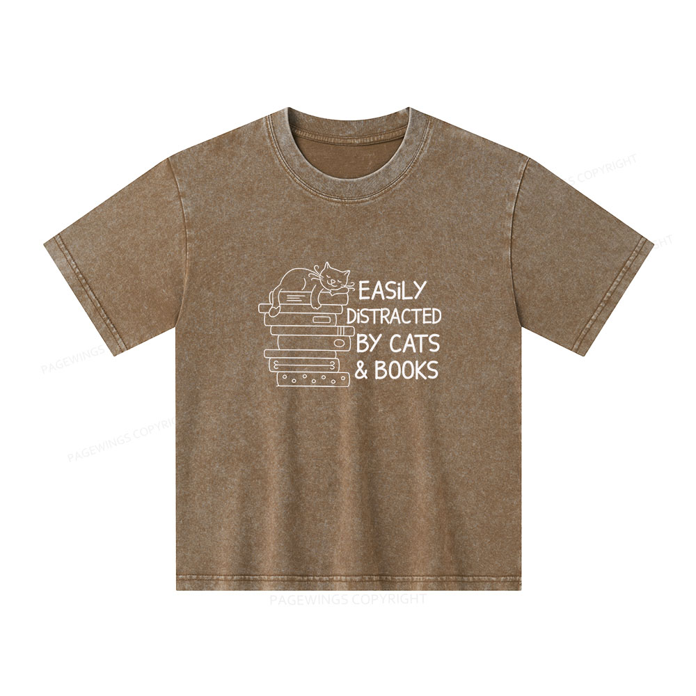 Pagewings Easily Distracted By Cats And Books  Unisex Kids Washed T-shirt