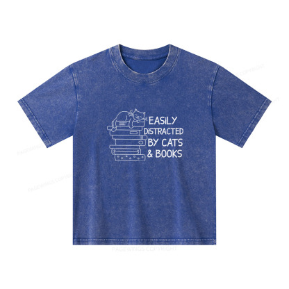 Pagewings Easily Distracted By Cats And Books  Unisex Kids Washed T-shirt