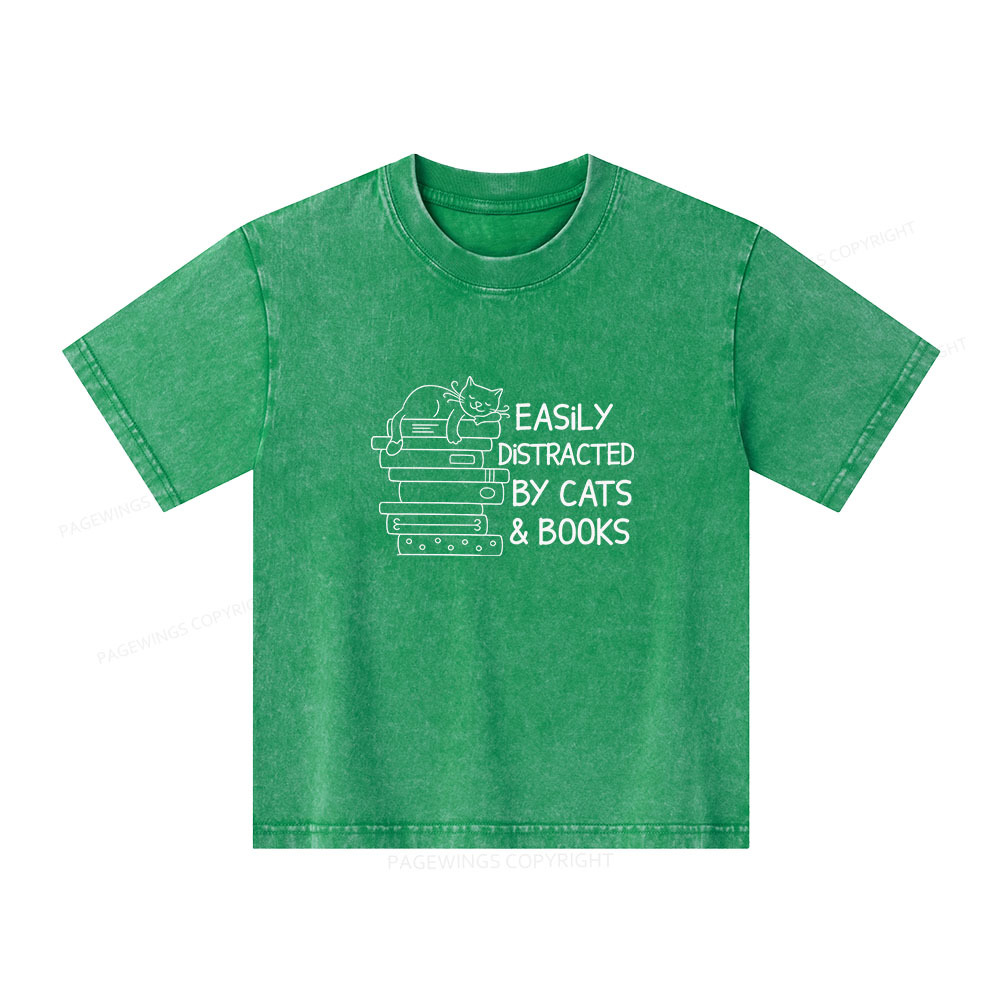 Pagewings Easily Distracted By Cats And Books  Unisex Kids Washed T-shirt