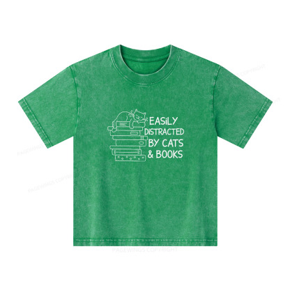 Pagewings Easily Distracted By Cats And Books  Unisex Kids Washed T-shirt
