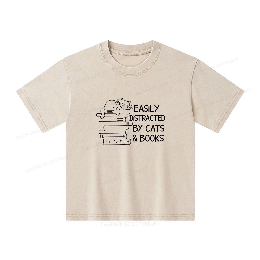 Pagewings Easily Distracted By Cats And Books  Unisex Kids Washed T-shirt