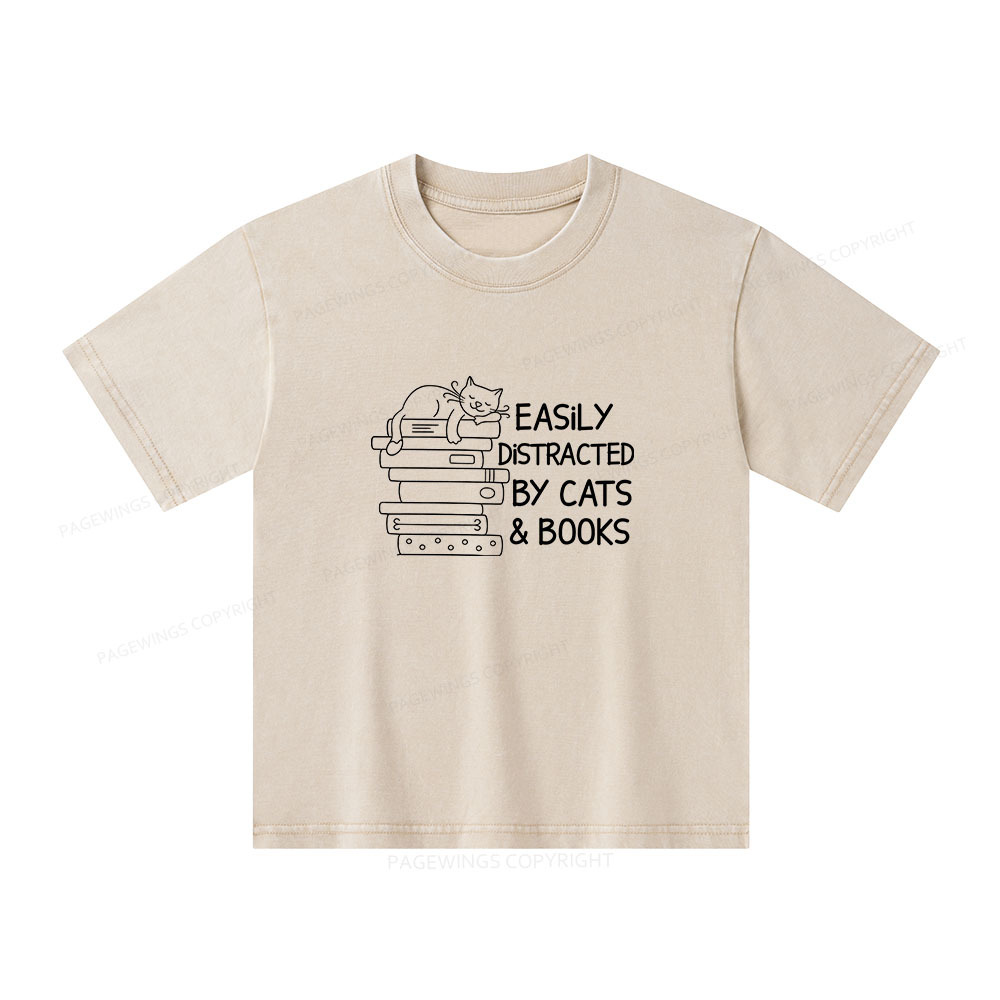 Pagewings Easily Distracted By Cats And Books  Unisex Kids Washed T-shirt