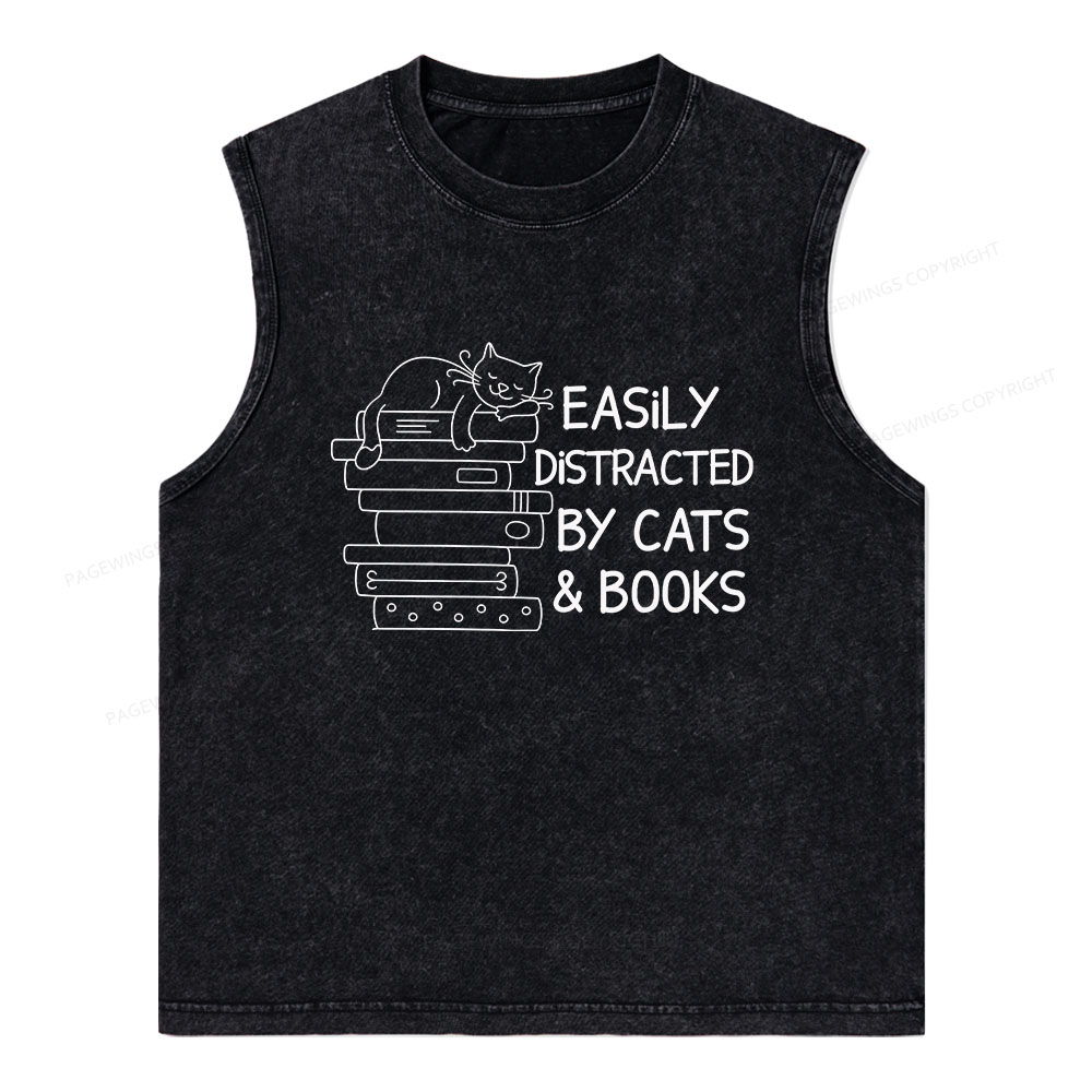 Pagewings Easily Distracted By Cats And Books Unisex Washed Tank Top