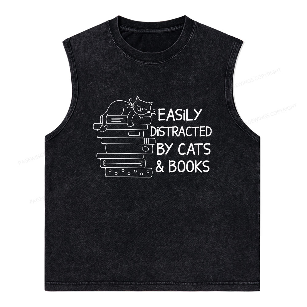 Pagewings Easily Distracted By Cats And Books Unisex Washed Tank Top