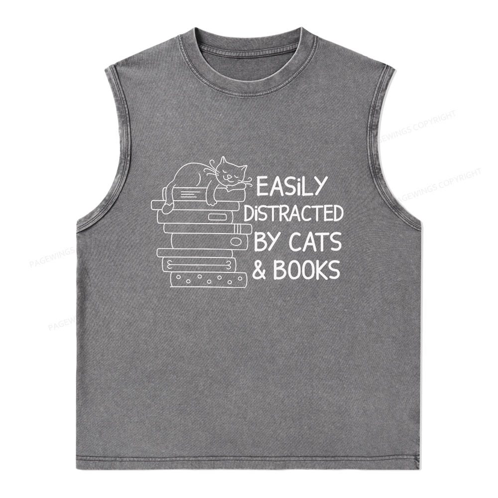 Pagewings Easily Distracted By Cats And Books Unisex Washed Tank Top
