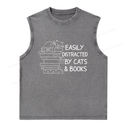 Pagewings Easily Distracted By Cats And Books Unisex Washed Tank Top